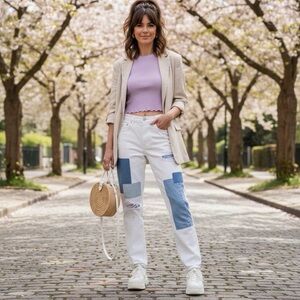 RARE GRLFRND Karolina Patchwork White Denim High Rise Jeans in Joni Wash Sz: 27